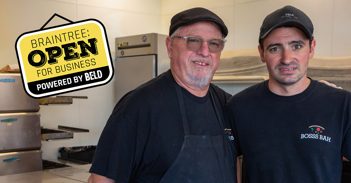 Joe Keegan (left) and Andrew Keegan are the father-son team behind Bosss Bah Pizza in Braintree, MA. (Photo: Mark Hunt)